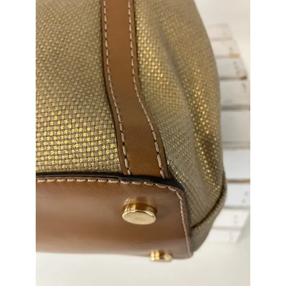 MICHAEL KORS, GOLD CANVAS, BROWN LEATHER TIM SHOULDER BAG